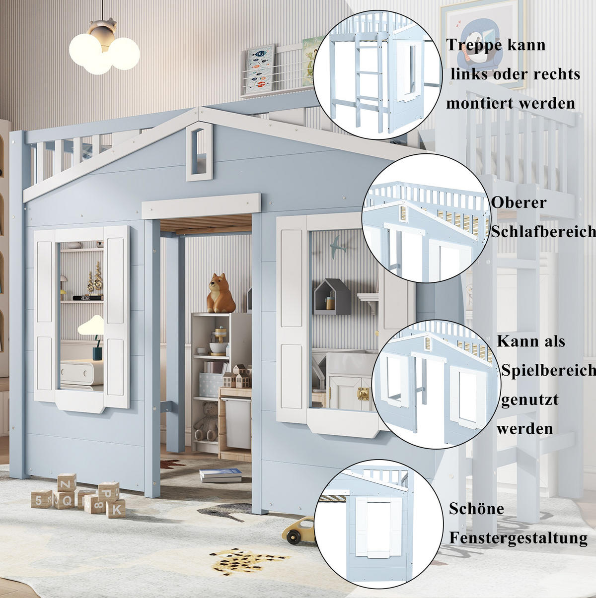 HOCHBETT aus Kiefer und MDF 90x200 cm Weiß/Blau mit flexibel montierbarer Leiter und Fenstergestaltung - Blau, Holzwerkstoff (90/200cm) - Modfu