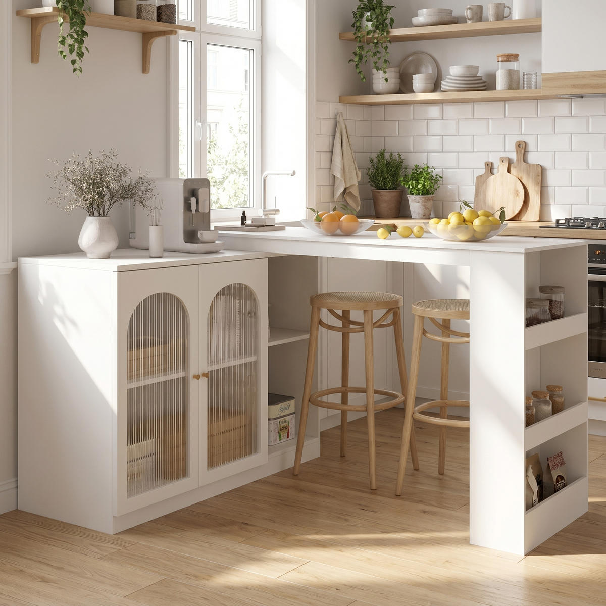 BARSCHRANK 360° drehbar & weiß mit glastüren & flexiblem bartisch - Weiß, Holzwerkstoff (40/120/97cm) - Urban Meuble