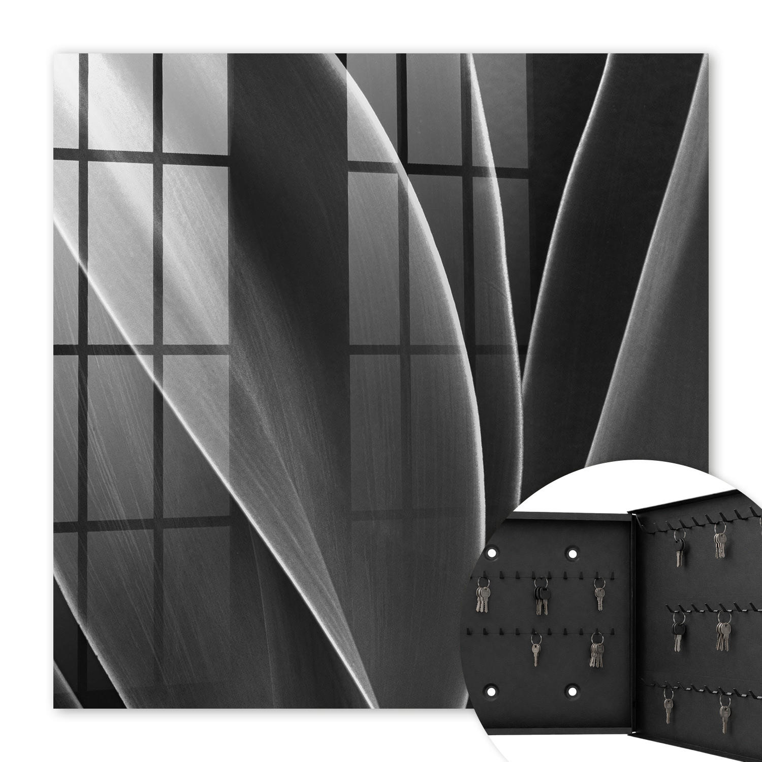 SCHLÜSSELBOX Schwarz 30x30 cm- Türöffnung nach rechts - Abstrakte Blätter - Grau, Metall (30/30/5cm) - TULUP