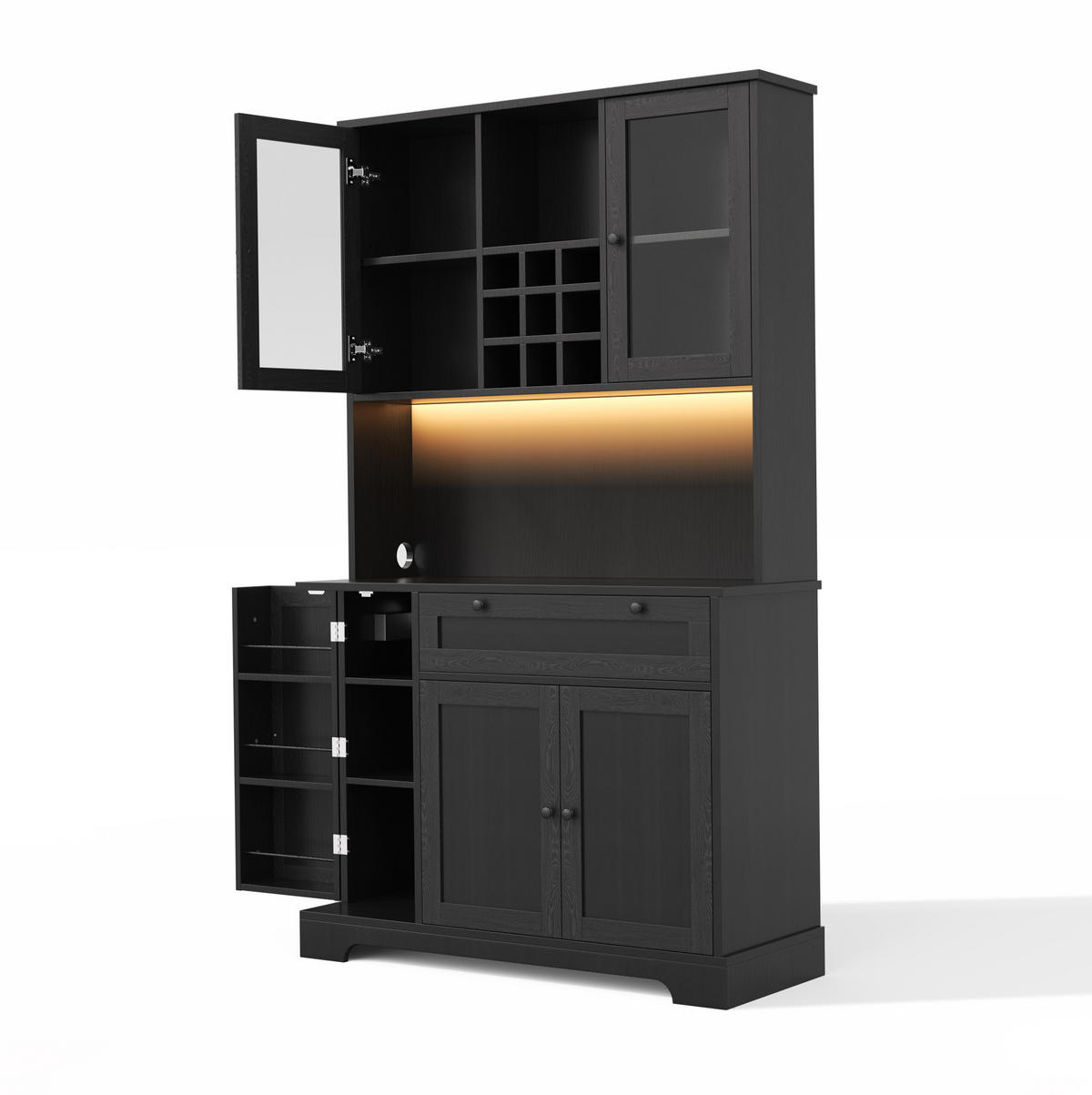BUFFETSCHRANK aus MDF 40x105x180 cm Schwarz mit LED-Beleuchtung, Steckdosenleiste, Weinregal und verstellbaren Einlegeböden - Schwarz, Holzwerkstoff (105/180/40cm) - Modfu