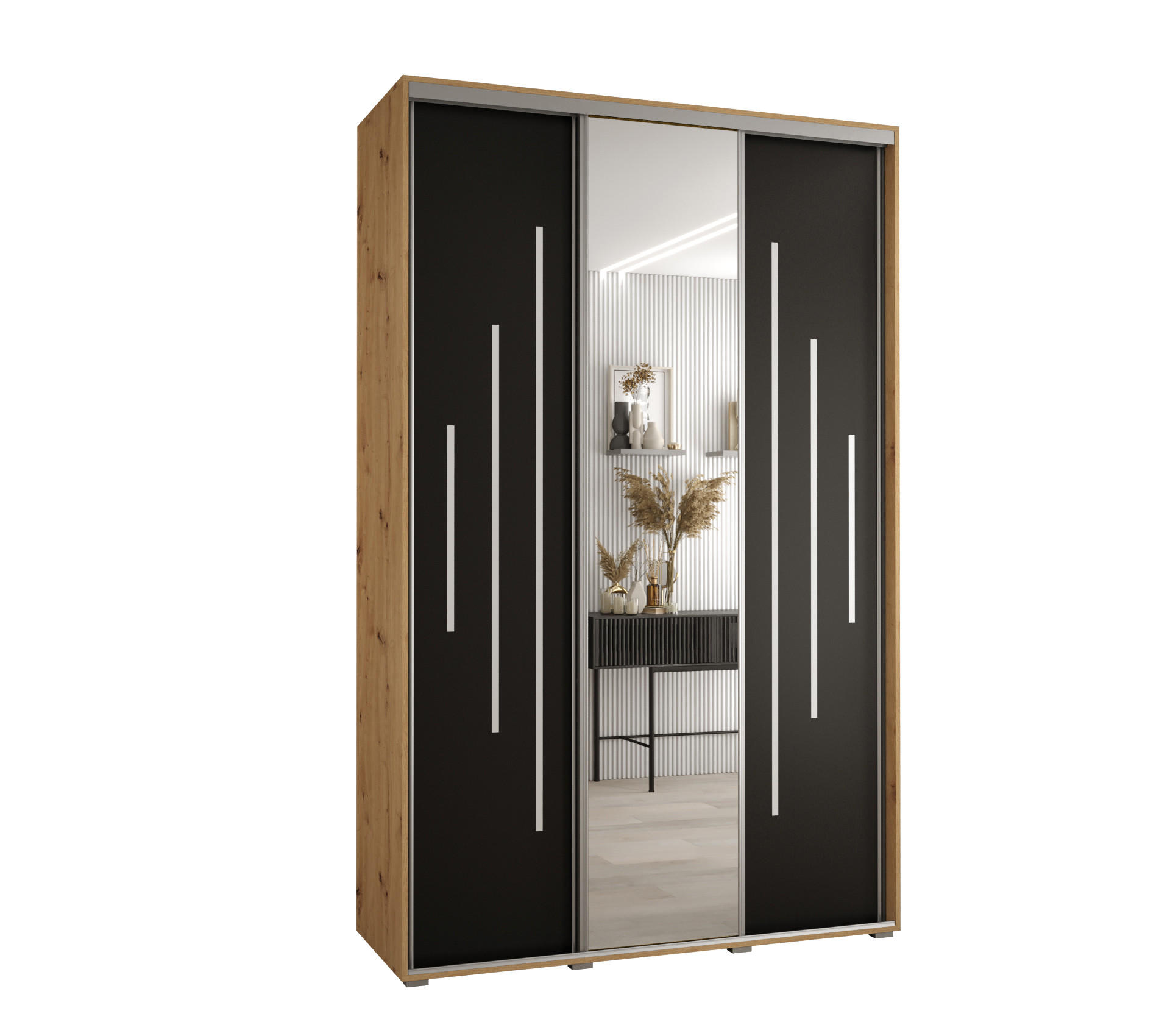Abiks Möbel Schwebetürenschrank Eiche Artisan, Schwarz, Silber 150x235x60 cm