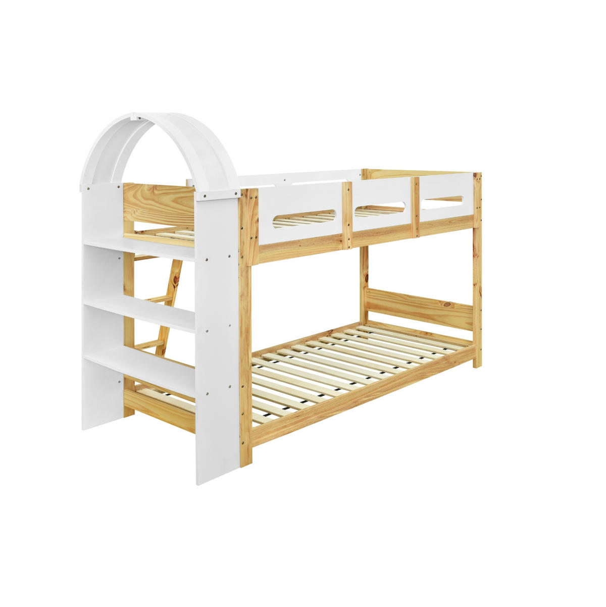 ETAGENBETT 90/200 cm Weiß+Natur mit dreistufigem Regal und sicherem Bettgitter aus Kiefer und MDF - Naturfarben, Holzwerkstoff (90/200cm) - OKWISH