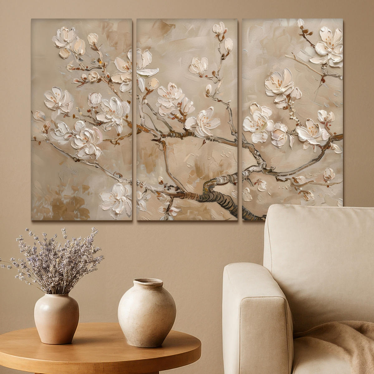 LEINWANDBILD 3er Set Beige - Blüte - Modern 90x60 cm - Greige, Textil (90/60cm) - MuchoWow