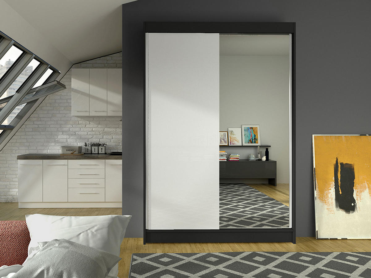 SCHWEBETÜRENSCHRANK Lino I - Schwarz/Weiß, Holzwerkstoff/Metall (120/200/58cm) - MIRJAN24