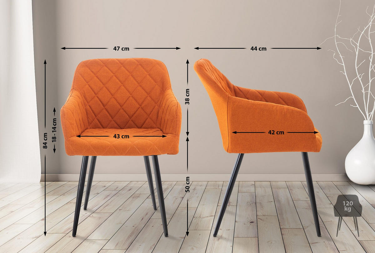 ARMLEHNENSTUHL 2er Set Stoff orange - Schwarz/Orange, Textil/Metall (47/84/44cm) - CLP