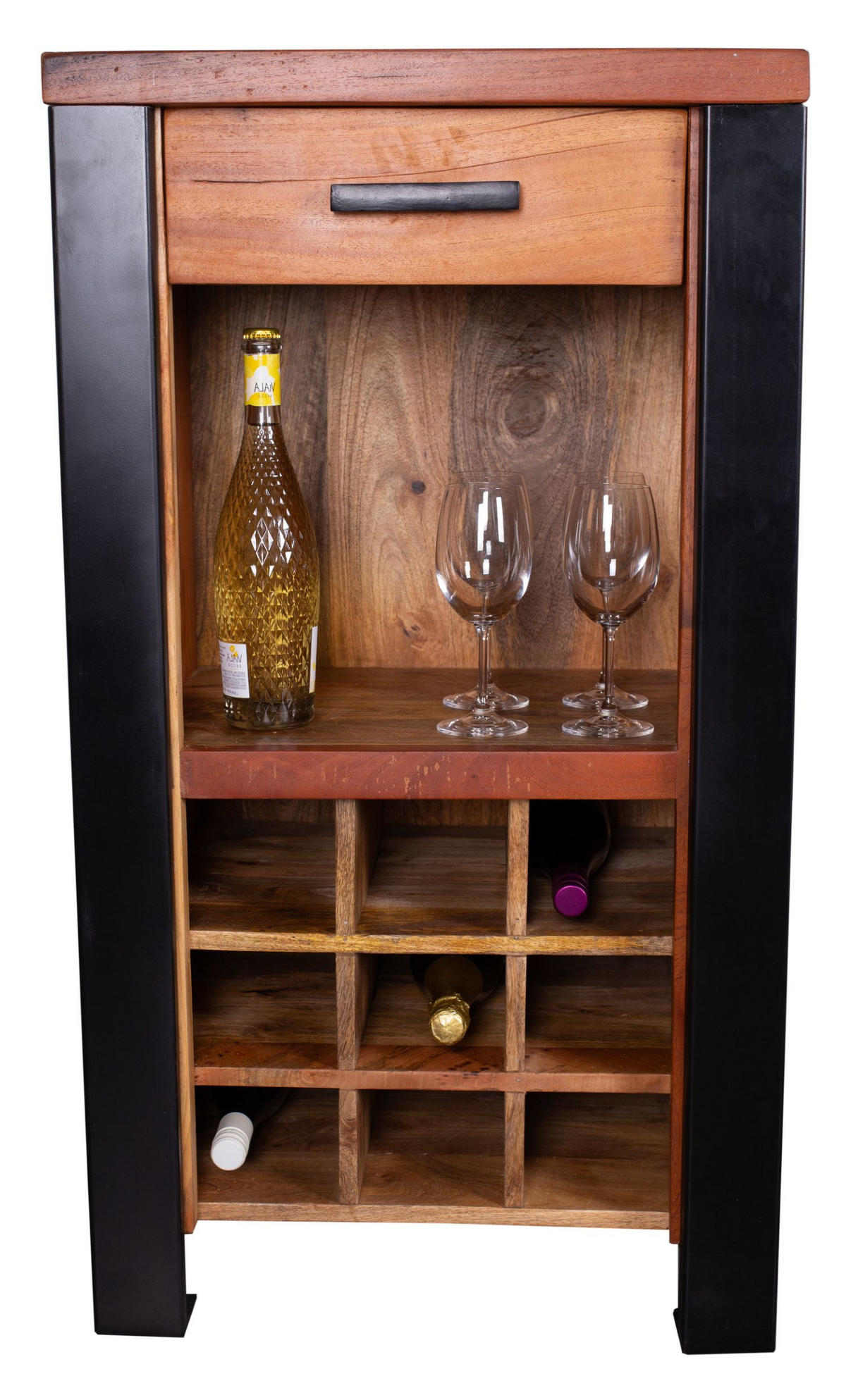 WEINKOMMODE Venosa Oldwood - 56 cm - Mangoholz - Schwarz/Braun, Holz/Metall (56/102/45cm) - bene living