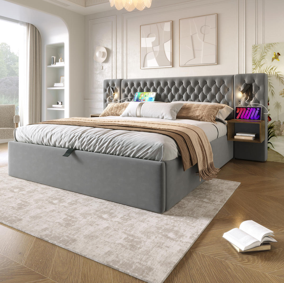 BETT mit Stauraum 160x200 cm Samt Grau mit 2 Nachttischen - Grau, Metall (160/200cm) - Meubliv