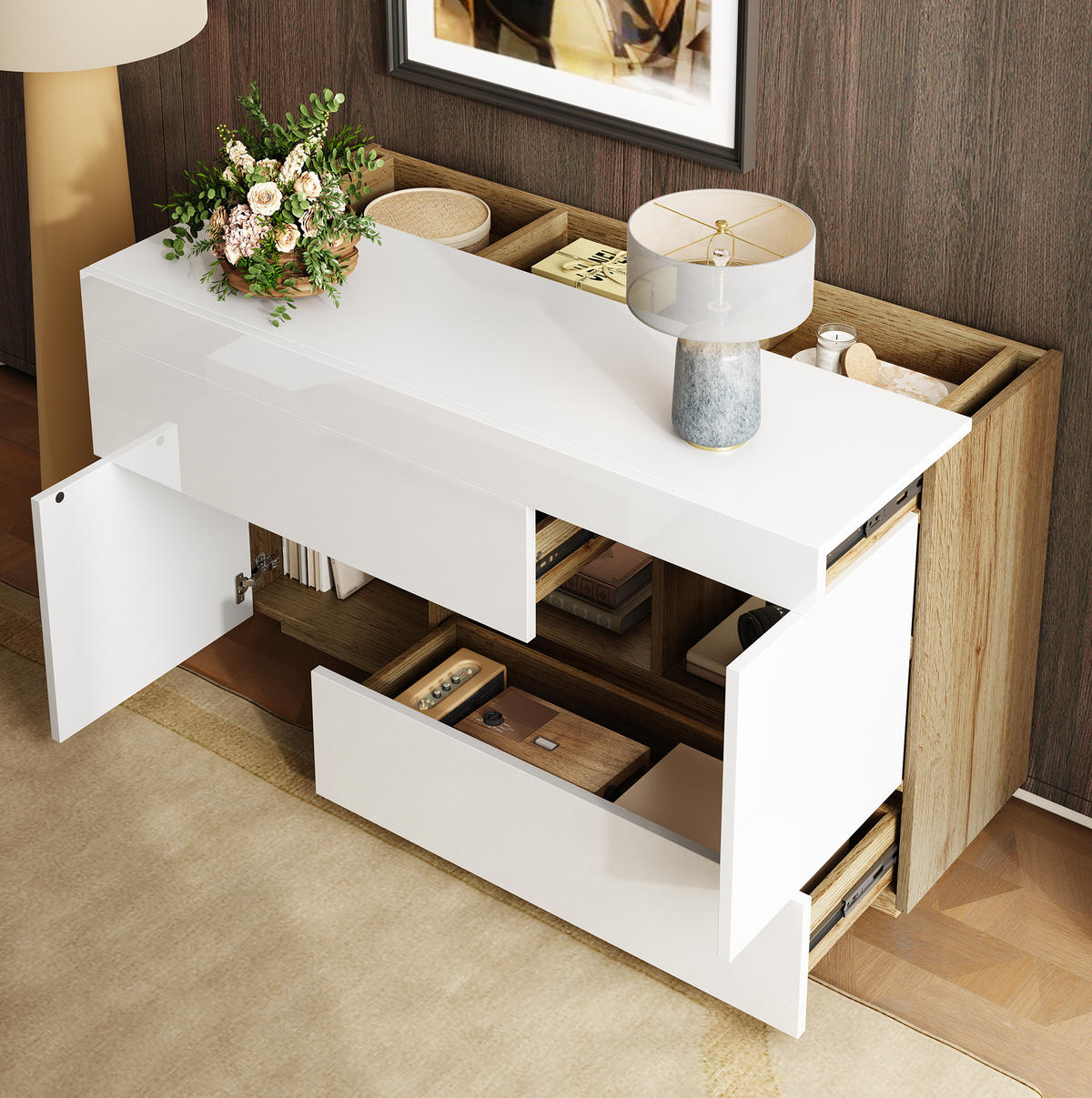 SIDEBOARD 120/76,5/37 cm in Weiß mit LED-Beleuchtung und 2 Schubladen - Weiß, Holzwerkstoff (120/37/76.5cm) - Flora Grace