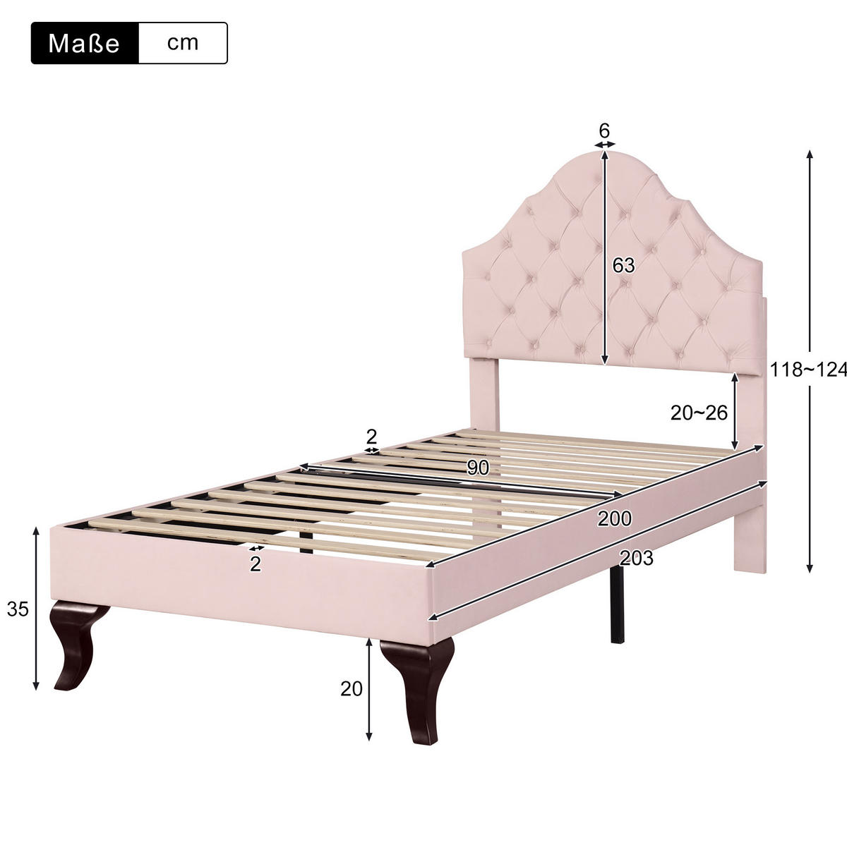 POLSTERBETT 90/200 cm aus Samt in Rosa mit höhenverstellbarem Kopfteil - Rosa, Textil (90/200cm) - Flora Grace