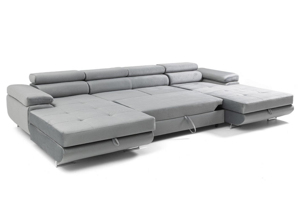 ECKSOFA U-Form ALONZO U mit Schlaffunktion 130x280 Velours Hellgrau - Silberfarben/Hellgrau, Holz/Textil (350/90/203cm) - Muffo