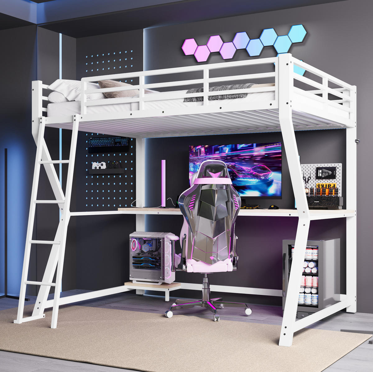 HOCHBETT 90/200 cm Weiß aus Metall und MDF mit Schreibtisch und LED-Beleuchtung - Weiß, Metall (90/200cm) - OKMYHOME