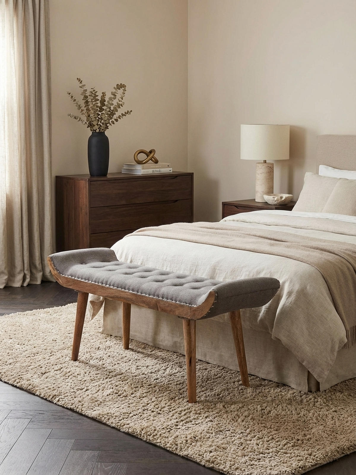 SITZBANK Massivholz Chesterfield Muster, Grau 125x38x50 cm - Braun/Grau, Mangoholz/Textil (125/50/38cm) - KADIMA DESIGN