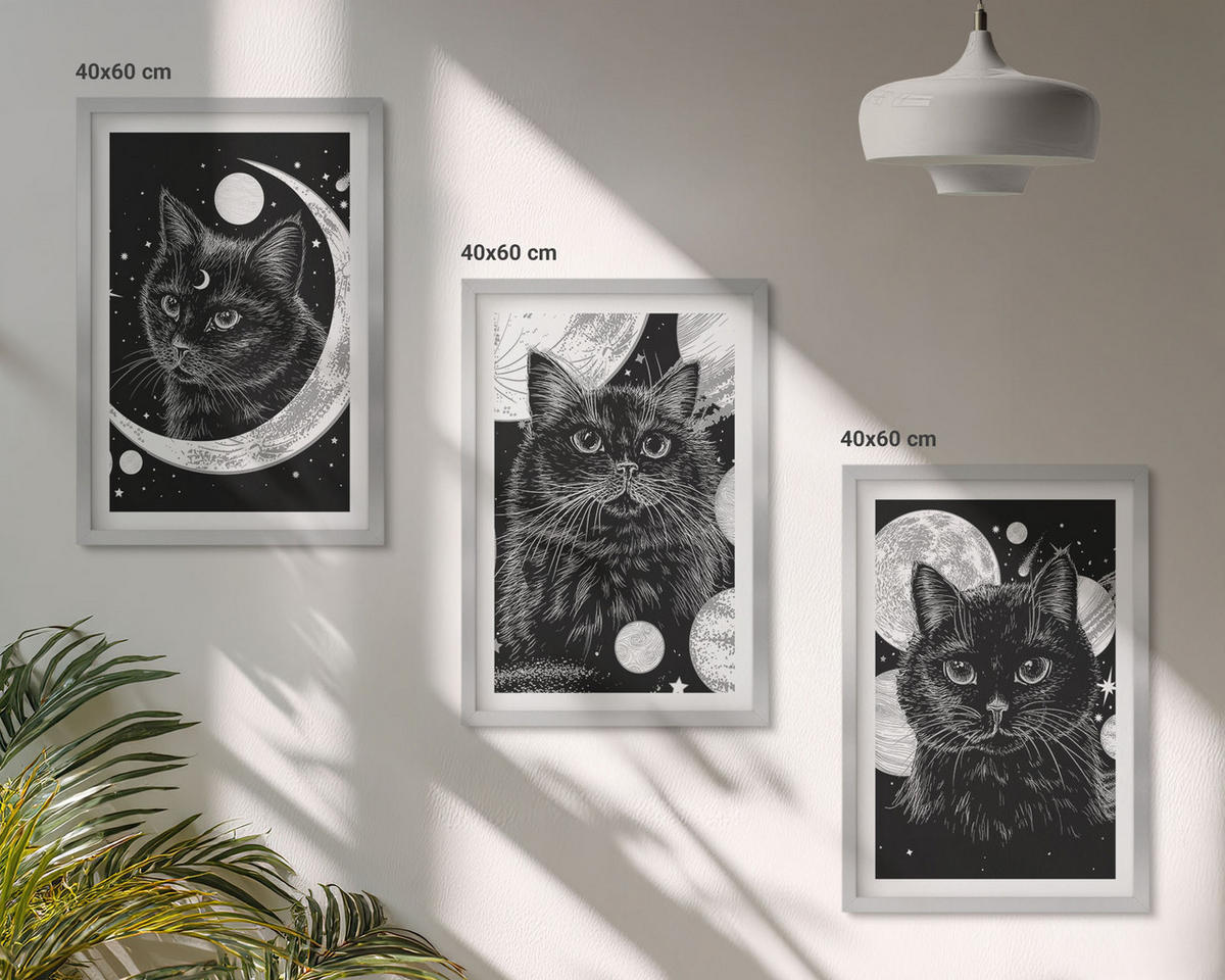BILDER SET 3er Set - 40x60 cm Silberner Rahmen - Schwarze Katzen, Mond, Weltraum - Silberfarben, Kunststoff (40/60cm) - TULUP