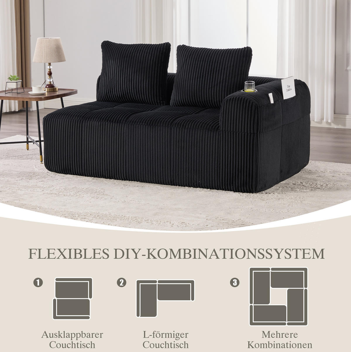 2-SITZER Sofa Cordstoff mit Seitenfächern und Becherhaltern 158/93/61 cm Schwarz - Schwarz, Textil (93/61/158cm) - Redom