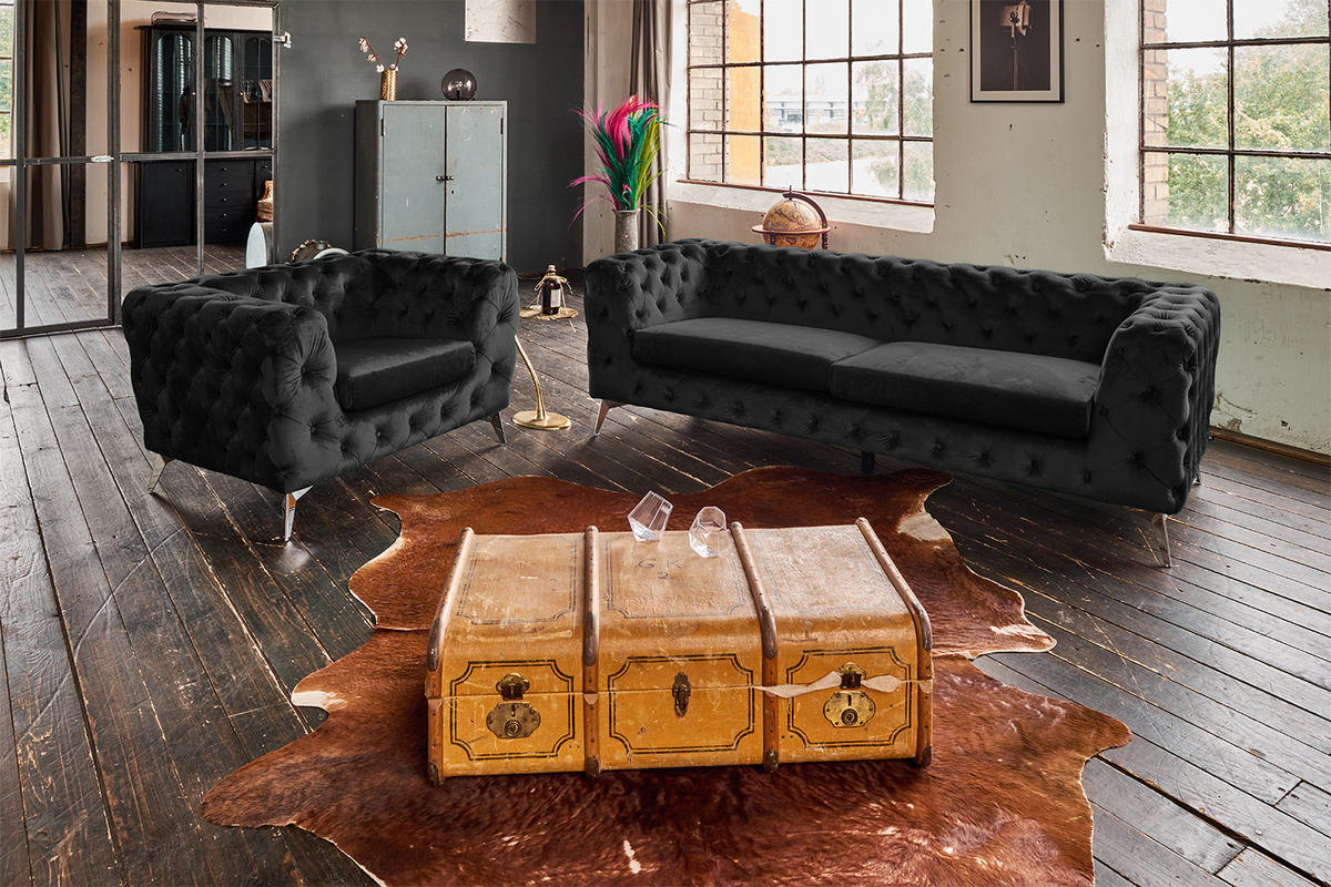 CHESTERFIELD-SESSEL NARLA Schwarz Velvet - Silberfarben/Schwarz, Textil/Metall (120/71/87cm) - KAWOLA