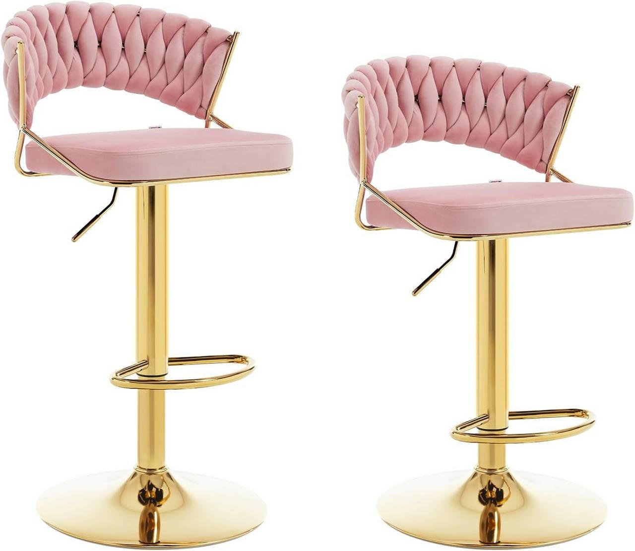 BARHOCKER 2er Set, mit geflochtener Rückenlehne, Samt, Rosa - Goldfarben/Rosa, Textil/Metall (48/83/46.5cm) - Woltu