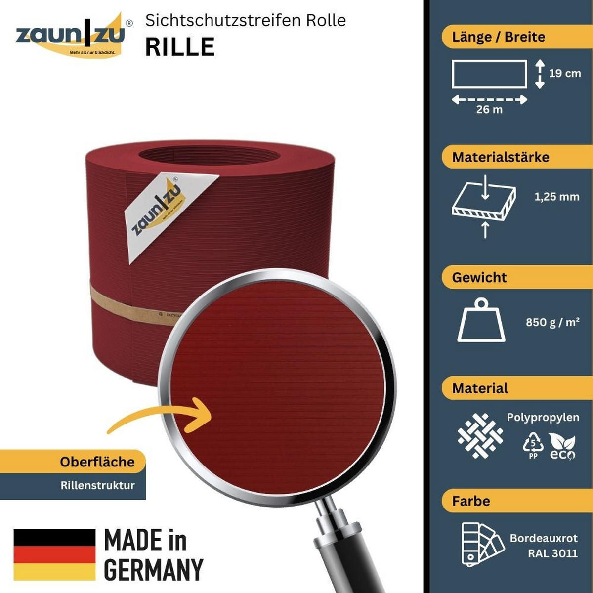 SICHTSCHUTZSTREIFEN Rille PP für Doppelstabmatten Zaun Bordeauxrot 26m - Bordeaux, Kunststoff (2600/19cm) - ZAUN|ZU