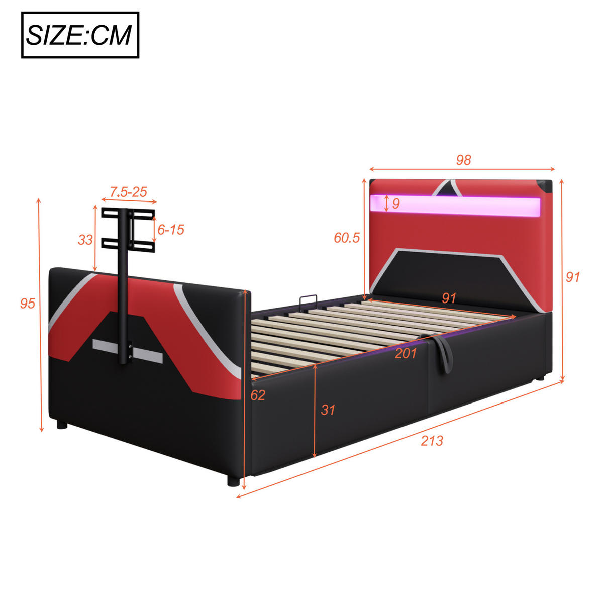 DJEČJI krevet 90/200 cm crni od umjetne kože s LED rasvjetom TV nosačem i spremištem - crna, plastika (90/200cm) - OKWISH