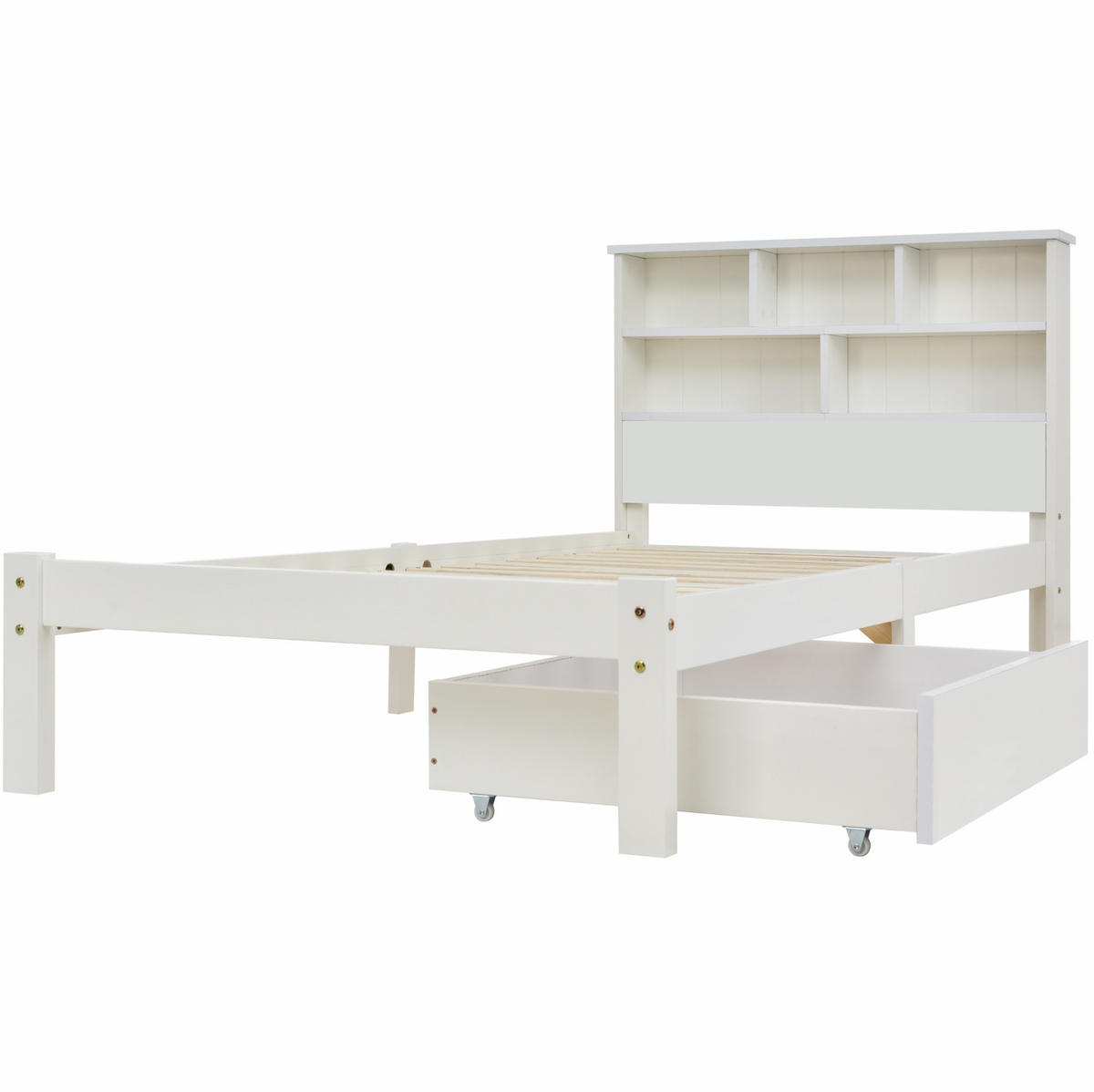 KINDEREINZELBETTEN aus Massivholz 90x200 cm in Weiß mit Schubladen & Bücherregal - Weiß, Holz (90/200cm) - Modfu