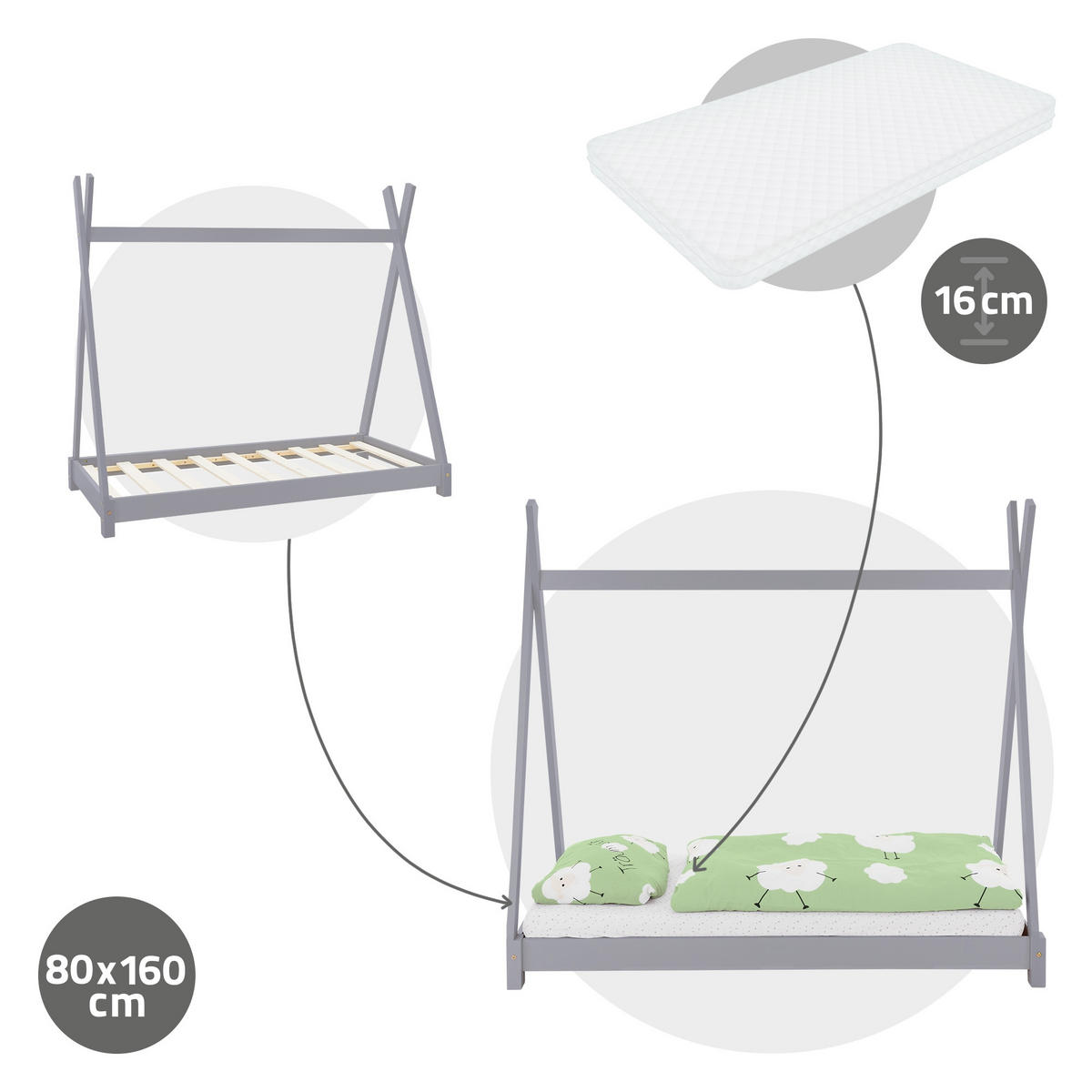 KINDERBETT Tipi mit Matratze 80x160 cm Hellgrau - Hellgrau, Holz (80/160cm) - ML-DESIGN