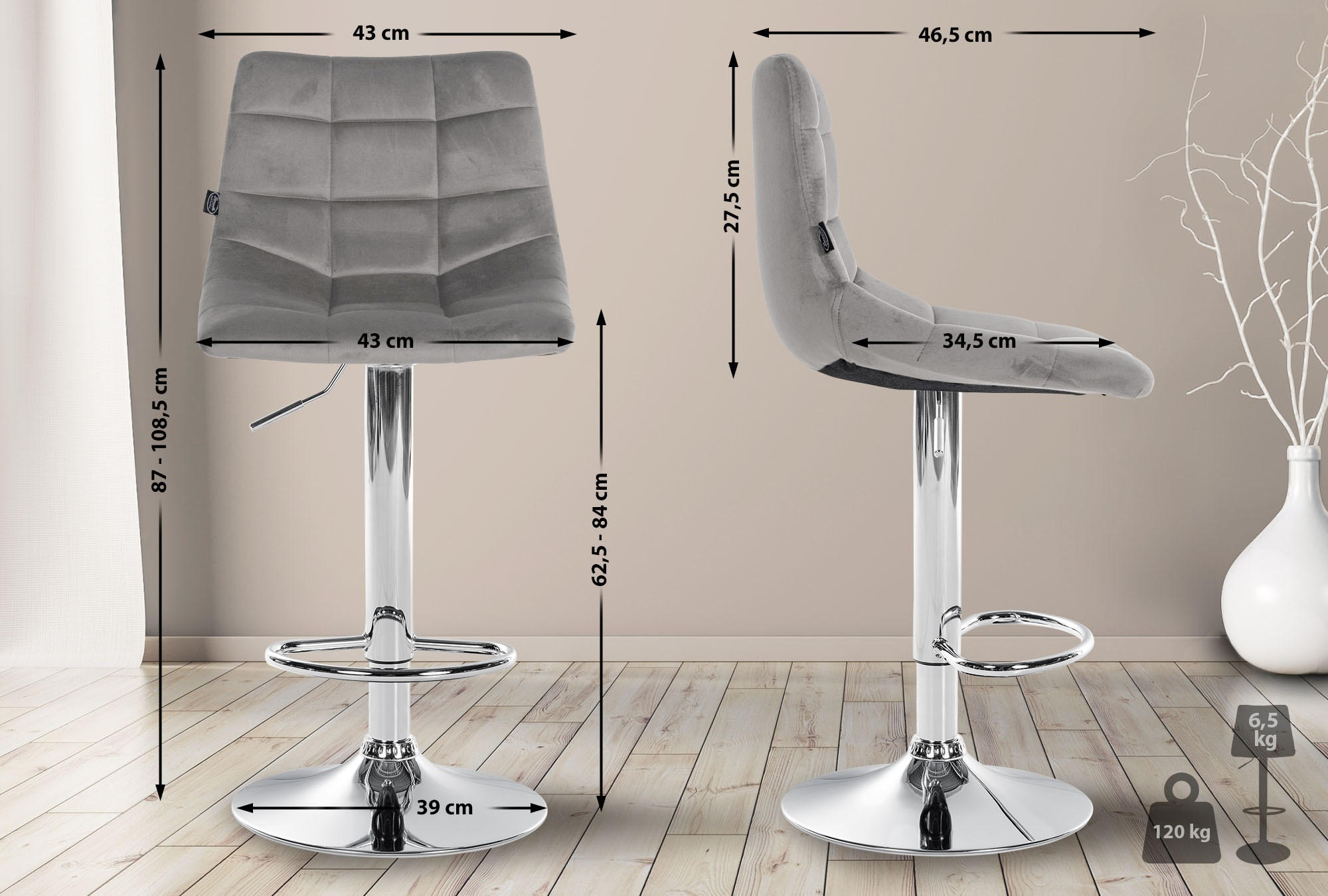 BARHOCKER 2er-Set DUBAI Grau Samt Chrom - Grau, Textil/Metall (43/87/46.5cm) - DELUKE