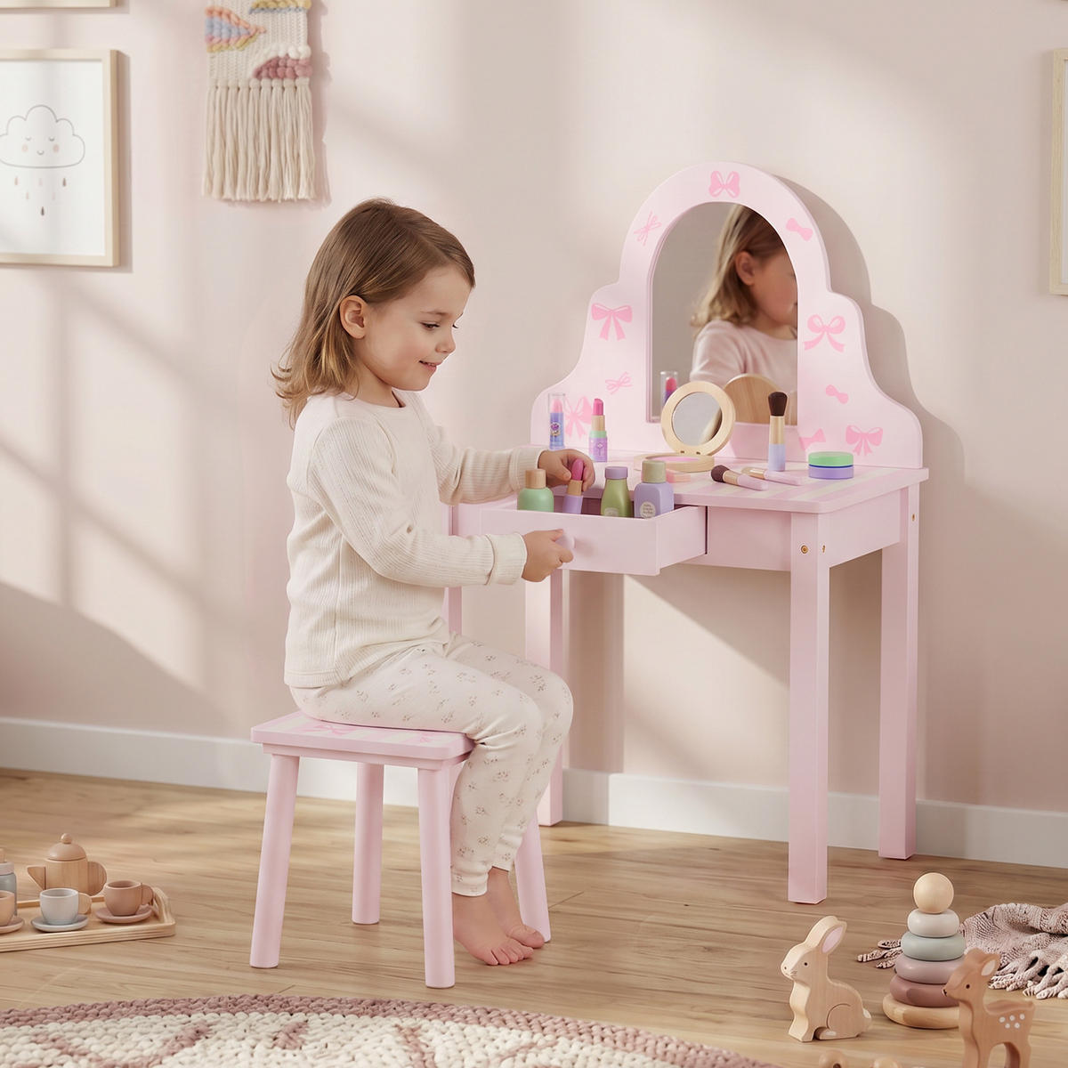 KINDER-SCHMINKTISCH-SET MDF Acryl Rosa - Rosa/Weiß, Holz/Holzwerkstoff (34/82/55cm) - AIYAPLAY