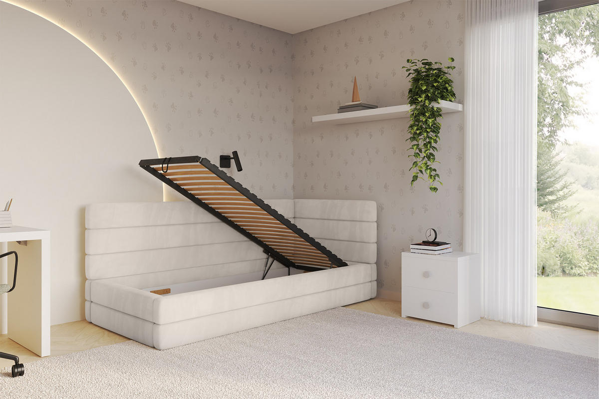 EINZELLBETT Jugendbett mit Bettkasten, Links - BEMY 90x200 Beige - Ecru, Holzwerkstoff/Textil (90/200cm) - ALTDECOR