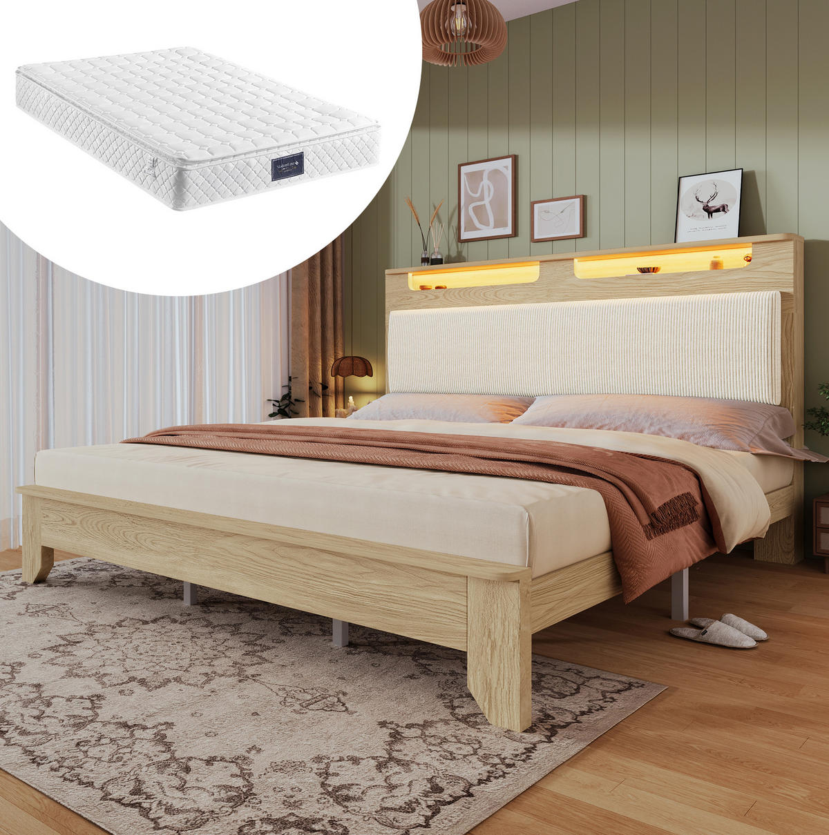 POLSTERBETT aus Cordstoff 160x200 cm in Beige mit LED-Beleuchtung & Matratze - Beige, Textil (160/200cm) - Modfu