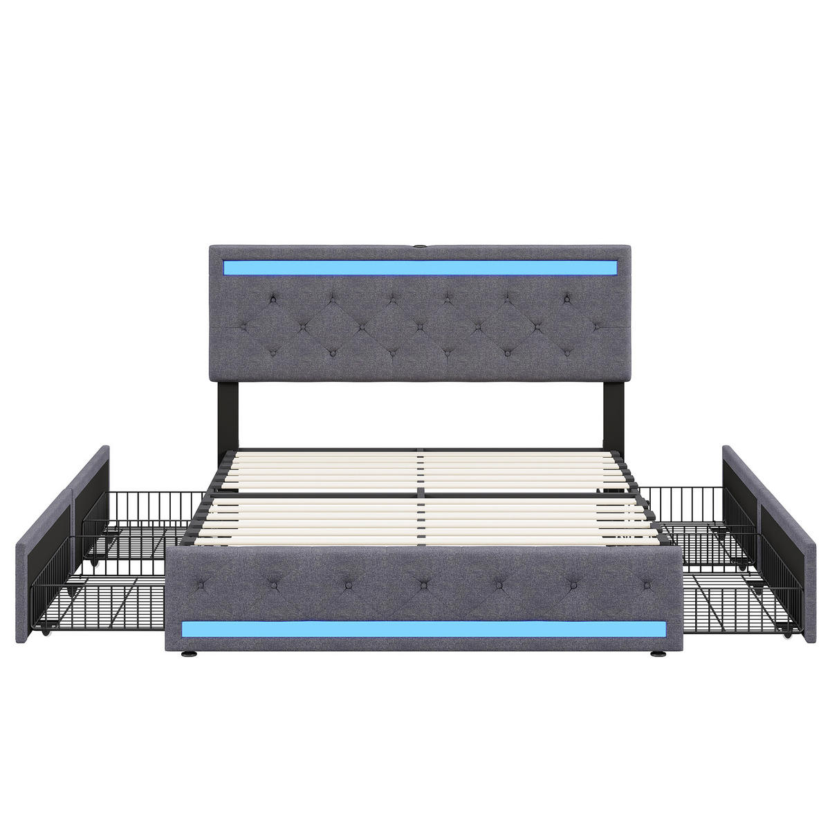 POLSTERBETT 140x190 cm, Funktionsbett mit Schubladen, LED & USB, Grau - Grau, Holz (140/190cm)