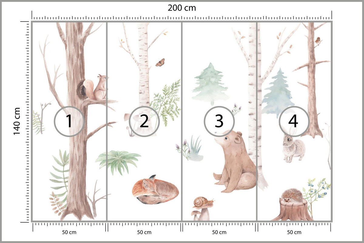 FOTOTAPETE für Kinderzimmer Wilde Waldtiere Aquarell Bäume 200x140 - Orange/Braun, Papier (200/140cm) - Muralo