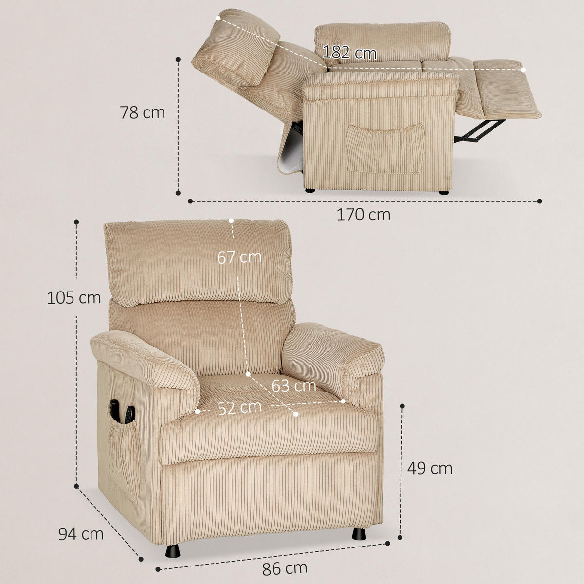 MASSAGESESSEL DE-06385 leiser Motor, Memory-Funktion, 150° neigbar, USB Braun - Braun, Textil/Metall (86/105/94cm) - ComfortXL