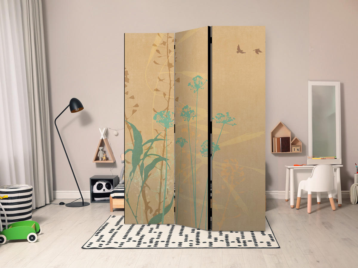 PARAVENT Einseitig Bedruckter 3-tlg 135x172 cm Pflanzen im Boho-Stil - Beige, Holz/Textil (135/172/3cm) - Muralo
