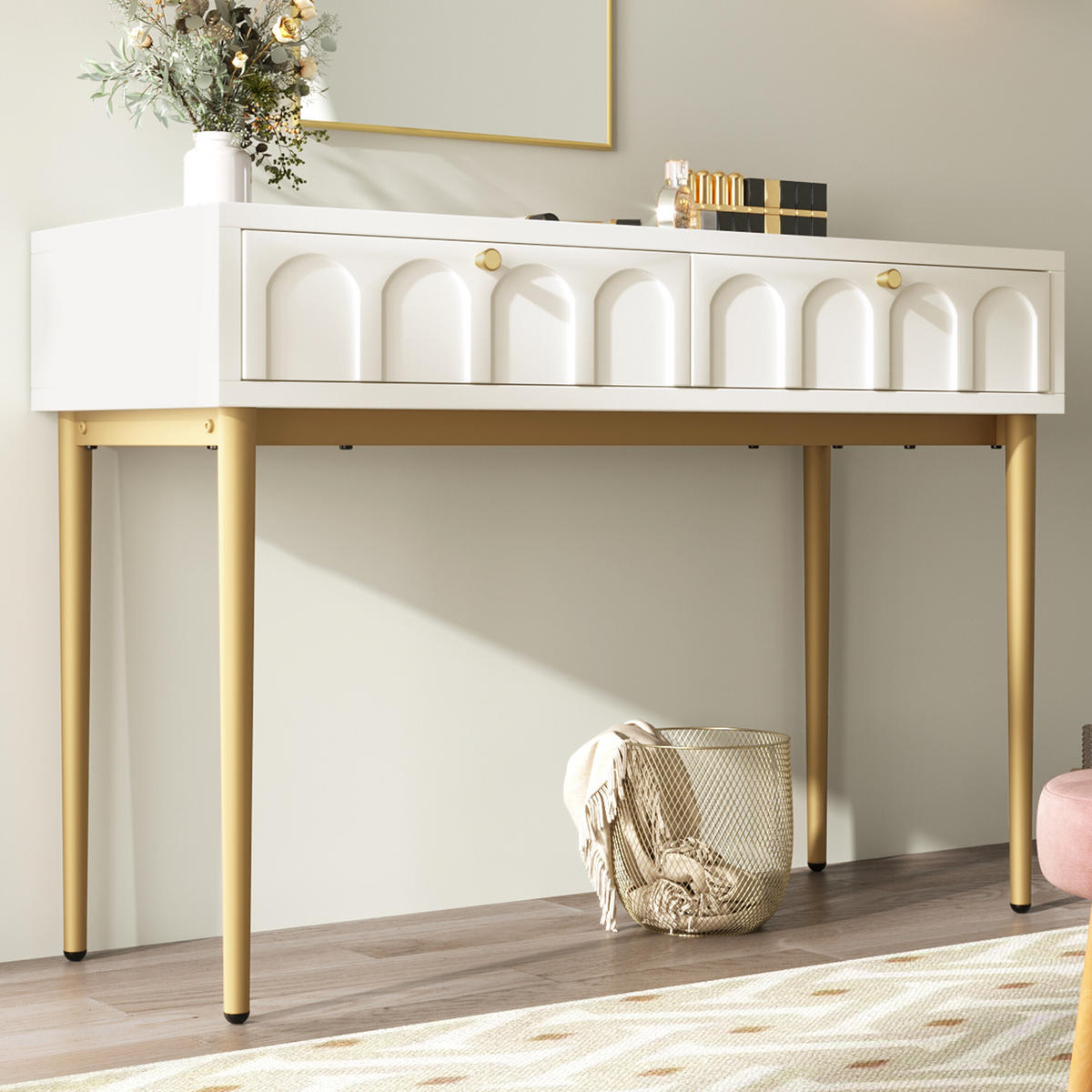 SCHMINKTISCH Cremeweiß und Golden 100/76,5/45 cm - Beige, Holzwerkstoff/Metall (100/76.5/45cm) - Urban Meuble