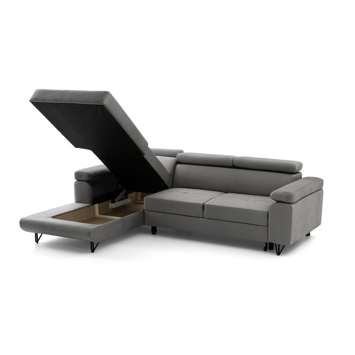 ECKSOFA NORIS L Links mit Schlaffunktion 128x203 Velours Grau - Schwarz/Grau, Holz/Textil (250/183cm) - Muffo