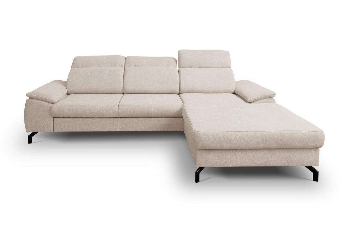 ECKSOFA MALIBU mit Schlaffunktion und Bettkasten, Farbe: Beige, Velourstoff, Ottomane Rechts - Beige, Textil (276/184cm) - VENASI MÖBEL
