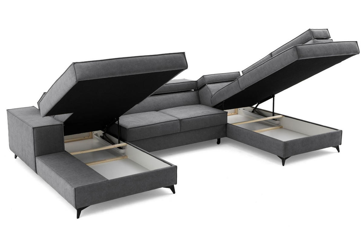 ECKSOFA PURE U Rechts mit Schlaffunktion 127x270 Velours Grau - Schwarz/Grau, Holz/Textil (204/340cm) - Muffo