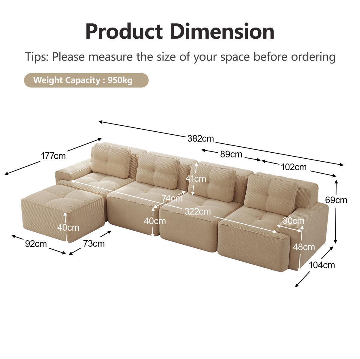 SOFA modular 4-Sitzer mit Chaiselongue Tiefsitz Cord Beige - Beige, Kunststoff (177/382.1cm) - Meubliv