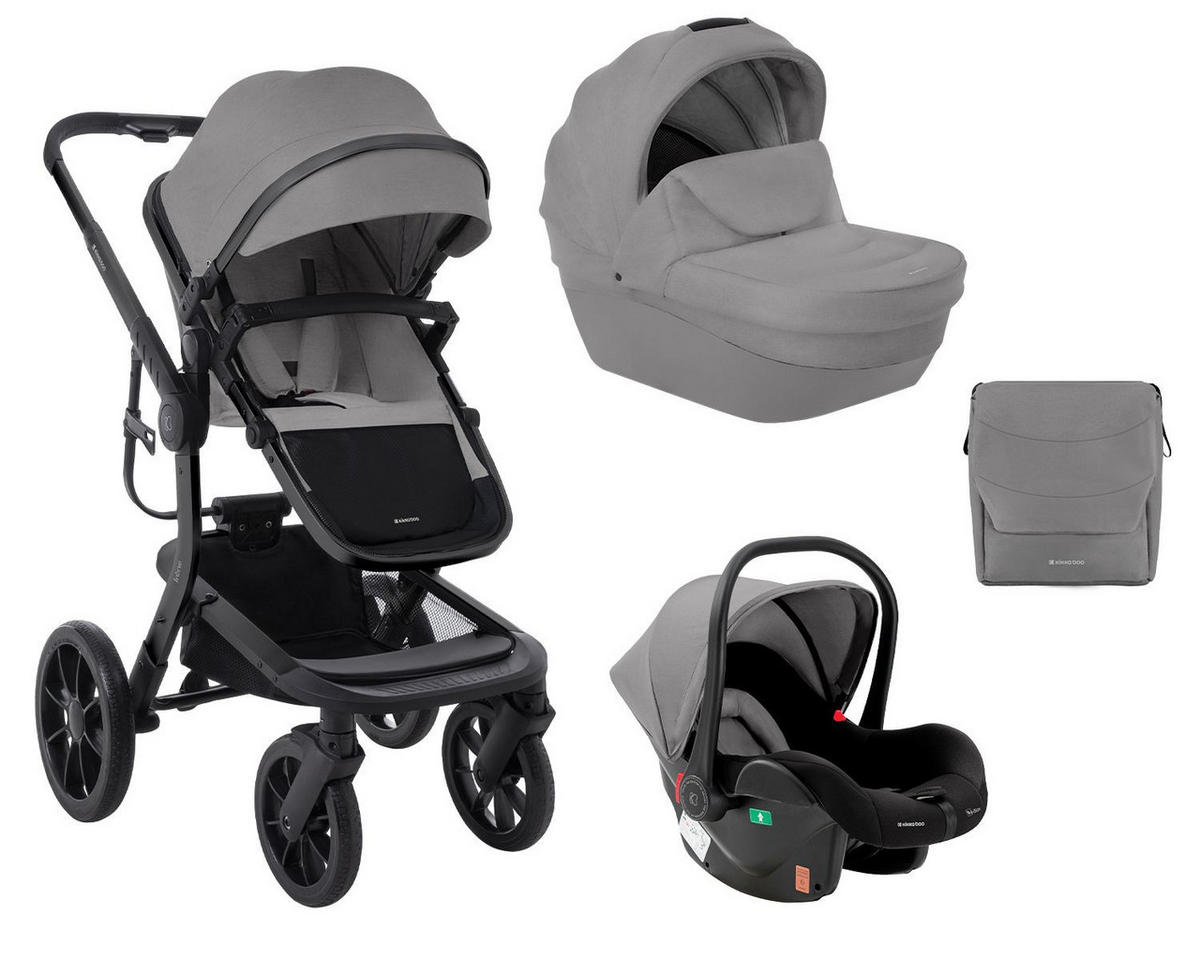 KOMBIKINDERWAGEN Irene 3 in 1 grau/schwarz Babywanne Autositz Adapter Wickeltasche - Grau, Metall (63/63/107cm) - Kikka boo