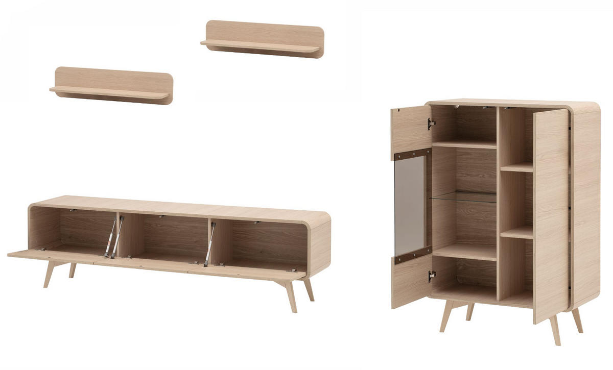 WOHNWAND Eiche natur 4-teilig 290 cm, Wohnkombination mit Push-to-Open - Eichefarben, Glas/Holz (290/170/39cm) - Furn.Design