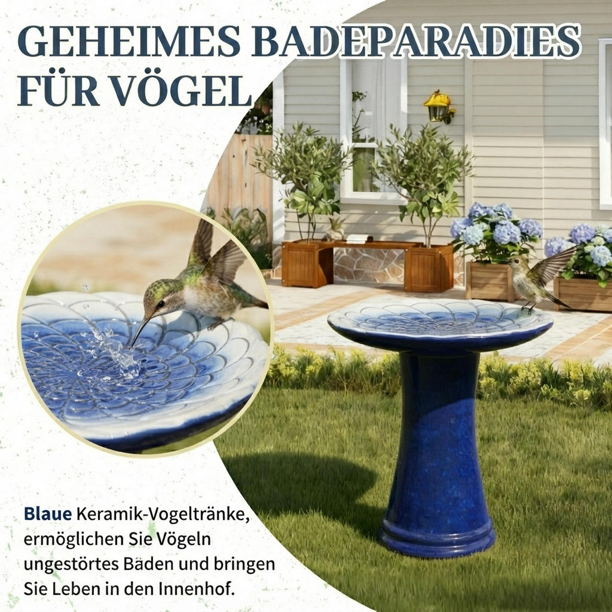 VOGELBAD mit Standfuß, Keramik Ø43/45H cm, Wetterfest, Blau - Dunkelblau, Keramik (43/45/43cm) - LVHOM