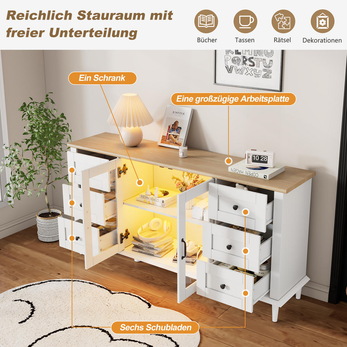 SIDEBOARD LED Weiß Holz 2 Türen 6 Schubladen 150x40x75cm Acryl - Weiß, Holzwerkstoff (40/75/150cm) - FLIEKS
