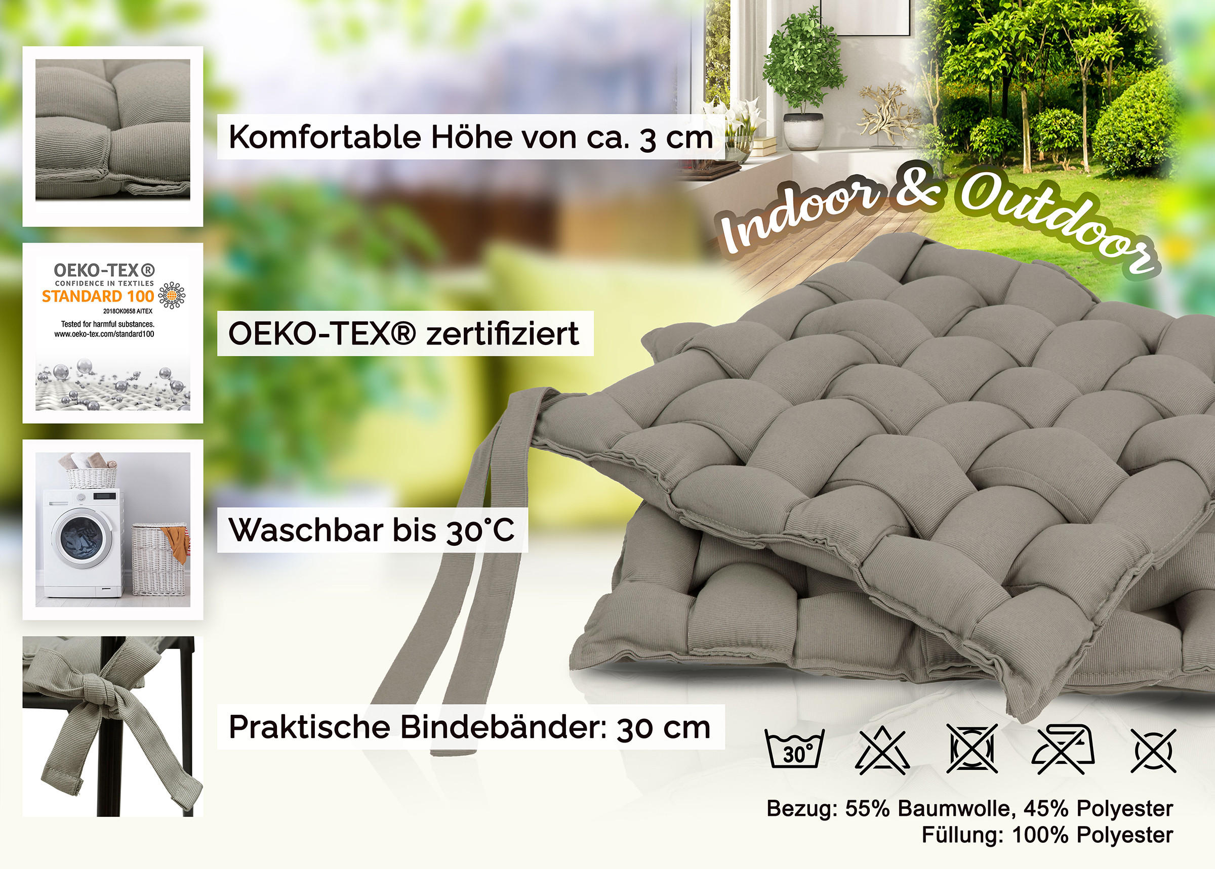 STUHLKISSEN, 2er-Set, 40x40 cm, 55% Baumwolle, 45% Polyester, Grau - Hellgrau, Textil (40/40/4cm) - Zollner
