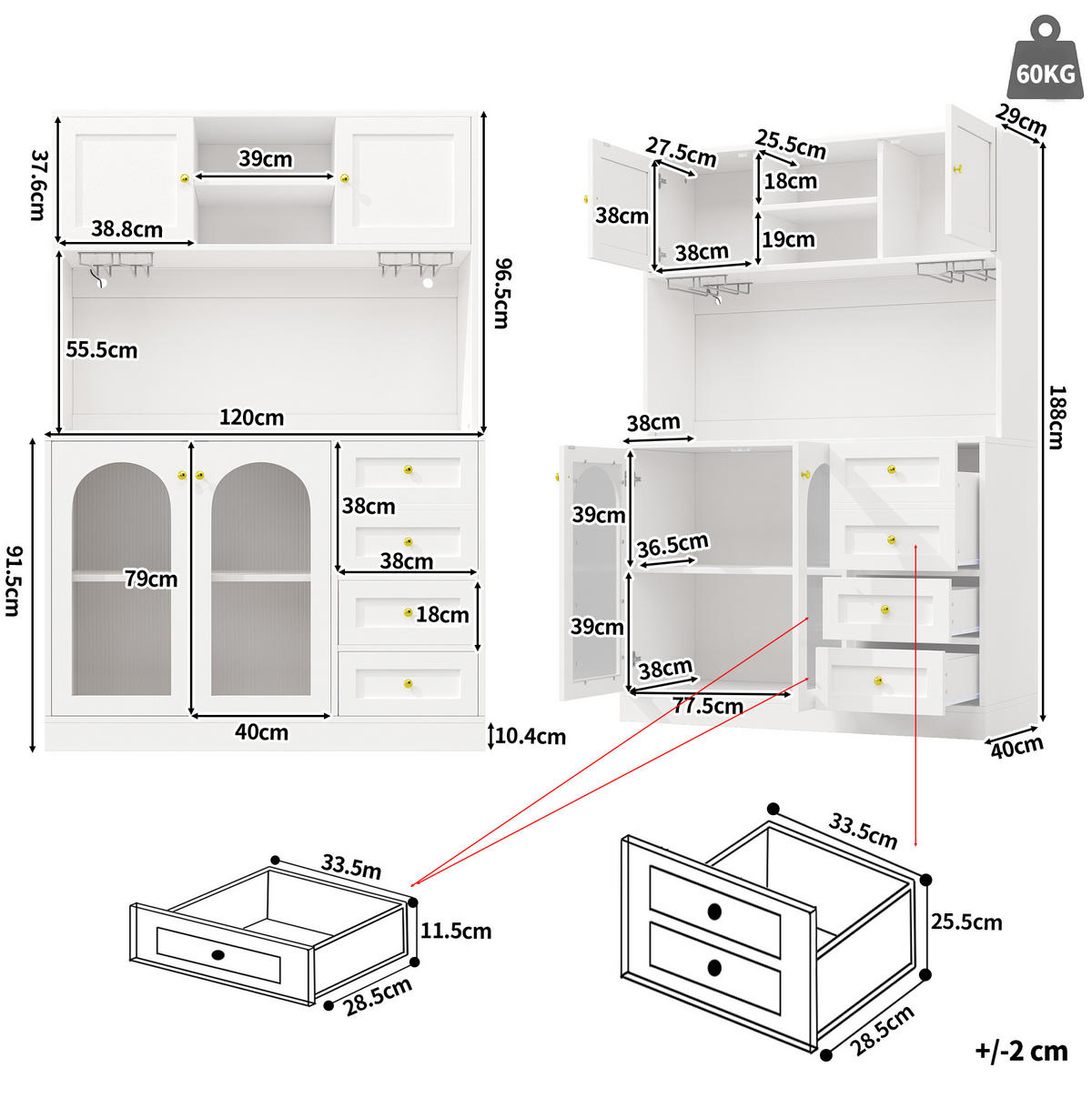 BUFFETSCHRANK 120/40/188 cm weiß aus MDF mit LED-Lichtleiste - Weiß, Holzwerkstoff (120/188/40cm) - OKWISH