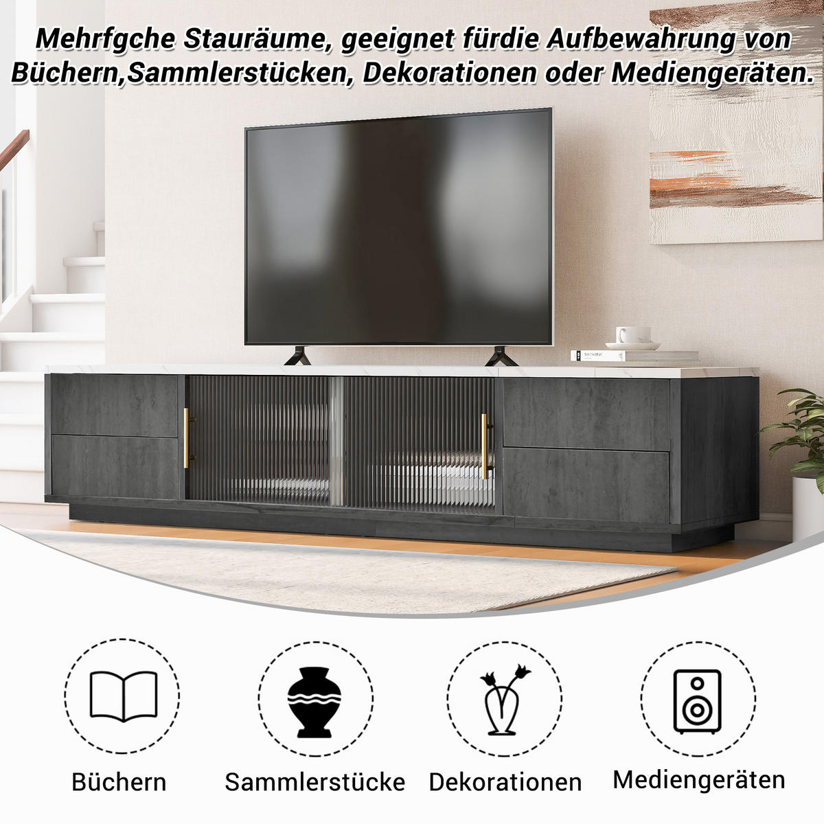 TV-SCHRANK 160cm Deluxe 70" TV Marmor Grau Push-to-Open - Grau, Holzwerkstoff (40/38.5/160cm) - FLIEKS