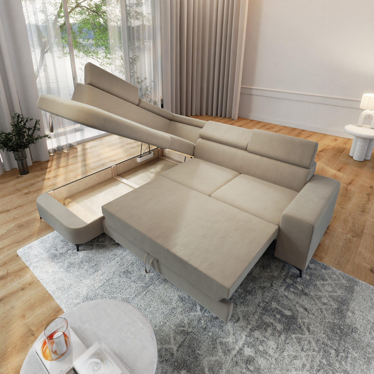 ECKSOFA ALVORO L-S Beige Velours-Stoff mit Schlaffunktion - Beige, Holz (253/190cm) - MASSENO