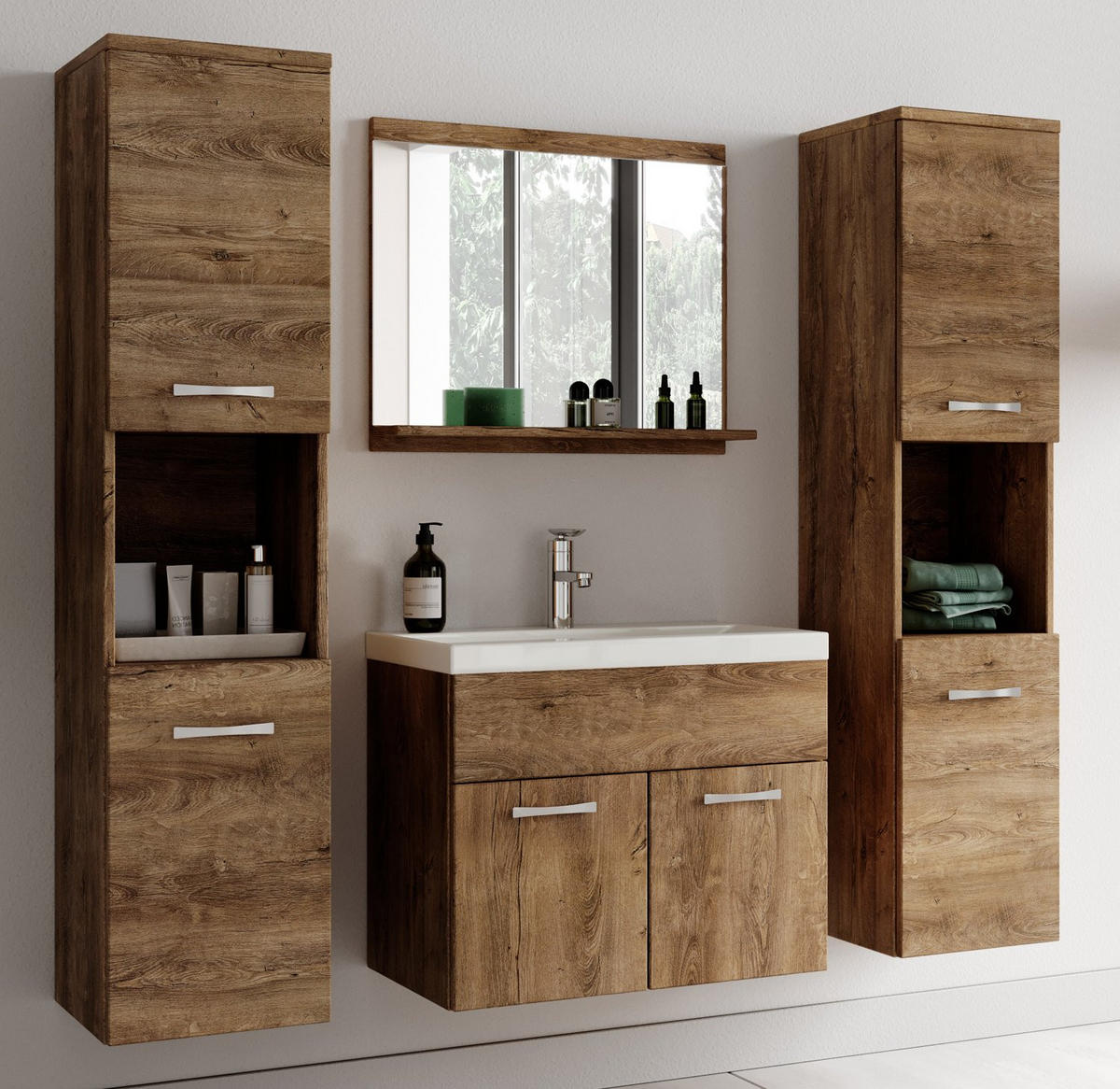 BADMÖBEL-SET Montreal 5 Teile Braun Eiche - 60 x 35 x 51 cm - Chromfarben/Braun, Holz/Metall (60/51/35cm) - Badplaats