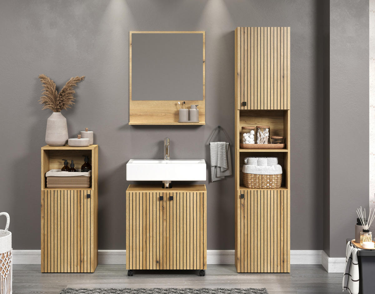 WASCHBECKENUNTERSCHRANK Evoke Eiche 60 cm, Badschrank auf Rollen - Eichefarben/Schwarz, Holzwerkstoff/Kunststoff (60/64/42cm) - Top.Furn