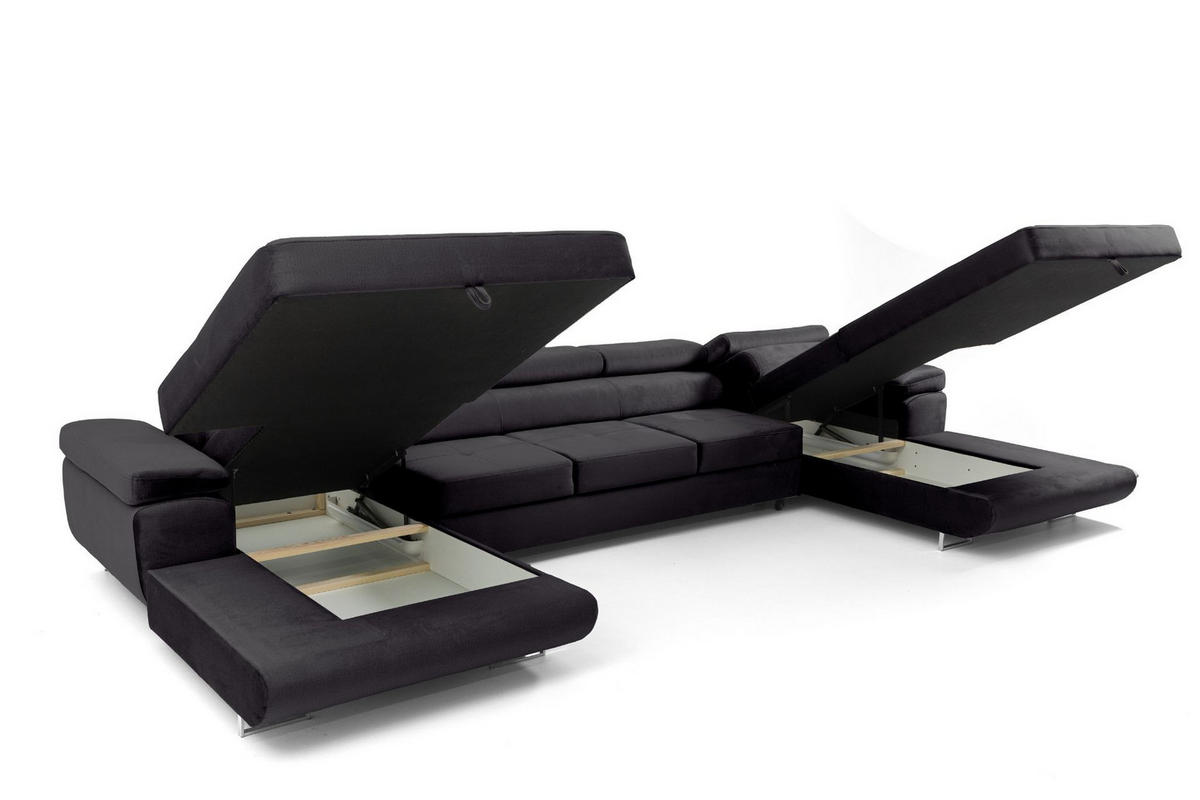 ECKSOFA U-Form ALONZO MAXI U mit Schlaffunktion 125x318 Velours Schwarz - Silberfarben/Schwarz, Holz/Textil (400/90/203cm) - Muffo