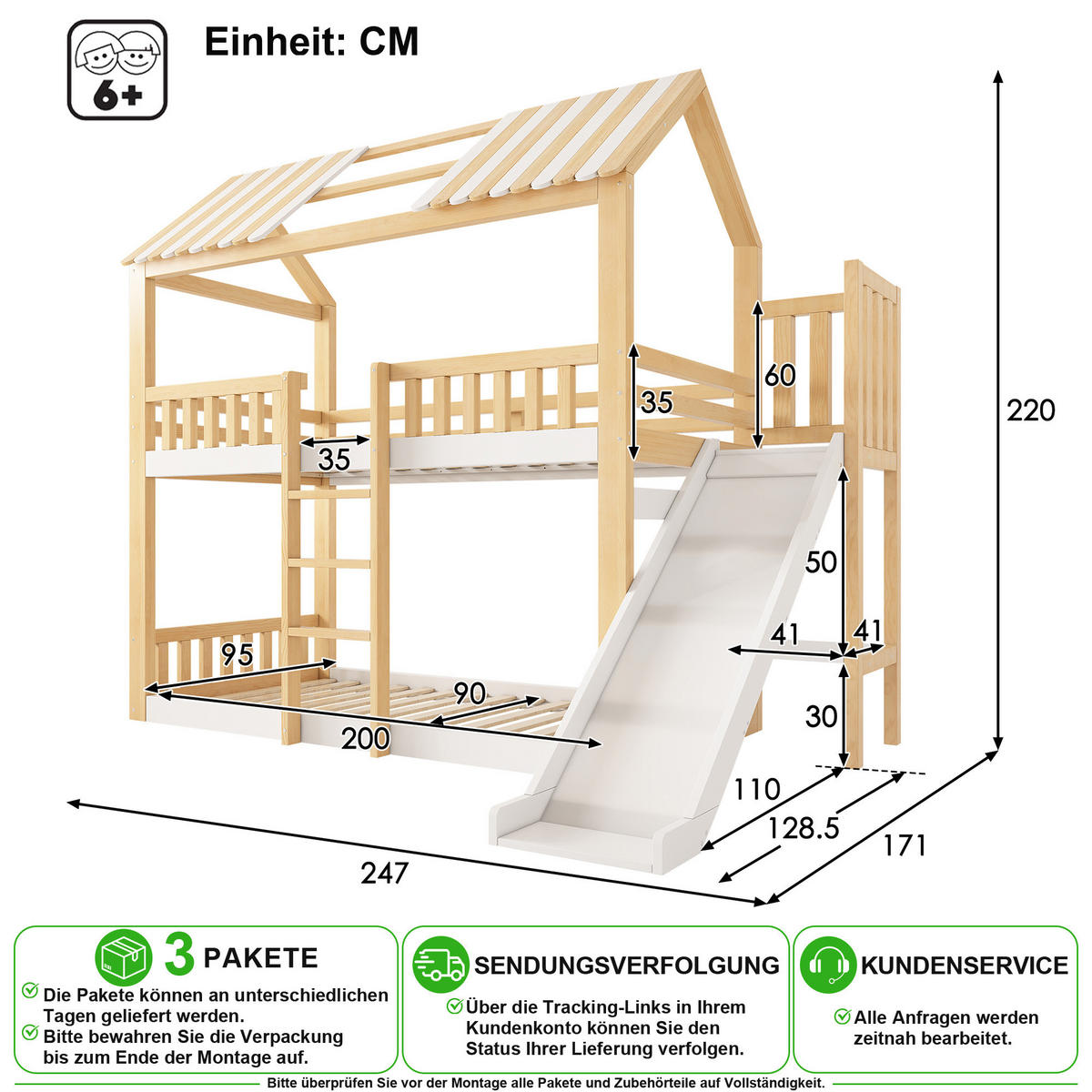 ETAGENBETT 90/200 cm & 90/200 cm in Weiß & Natur mit Regal und Rutsche - Naturfarben, Holz/Holzwerkstoff (90/200cm) - CHICFURN