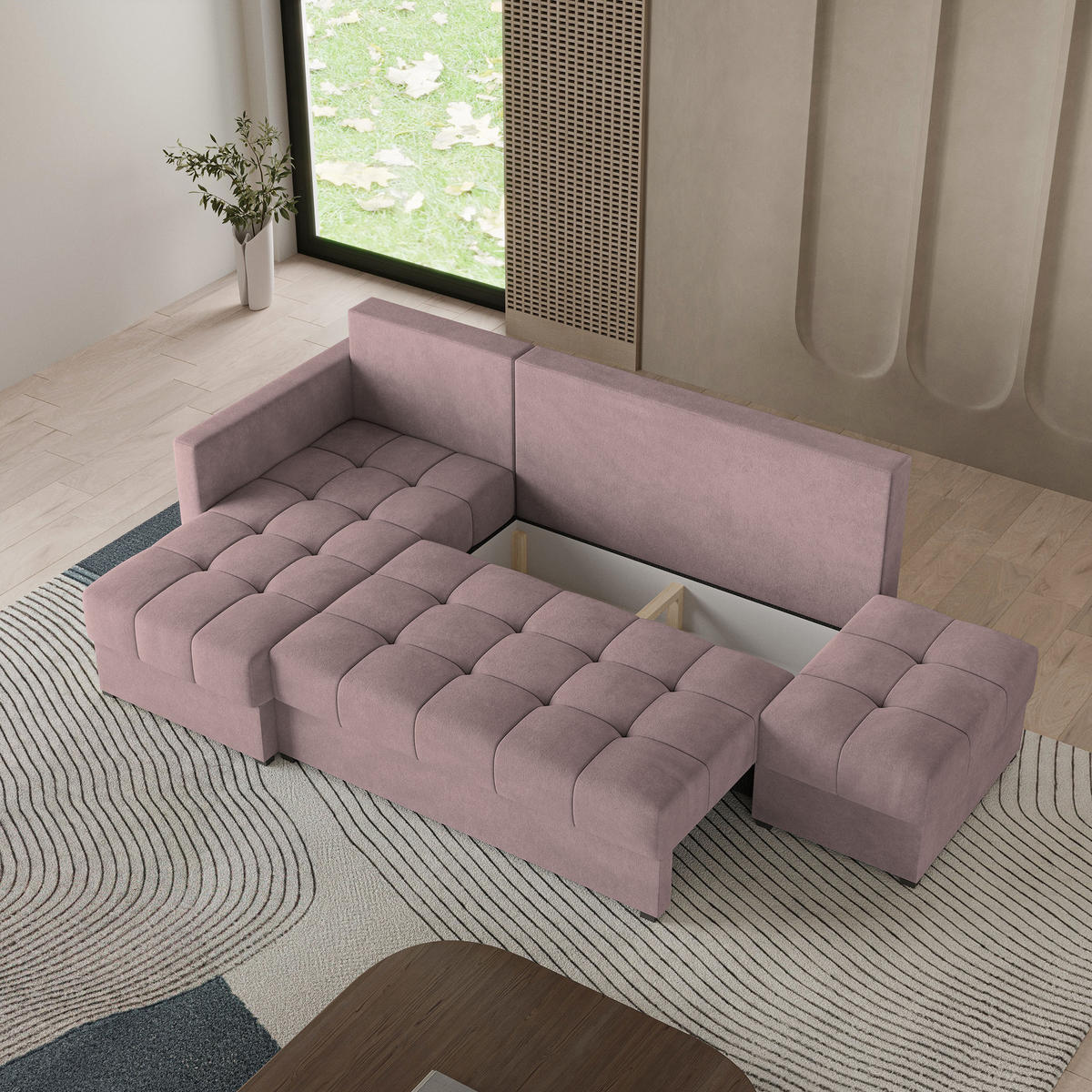 ECKSOFA LUMARI L-S Rosa Plüsch-Stoff mit Schlaffunktion - Rosa, Holz (262/143cm) - MASSENO